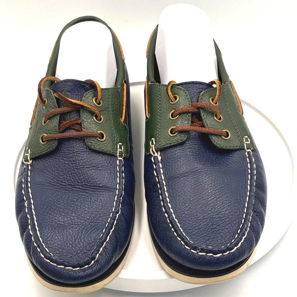 Polo Ralph Lauren Bienne II Mens 12D Boat Shoes Navy Green Leather Loafers 11503